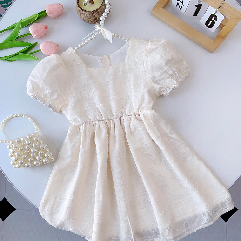 Girls Spring Summer Square Neck Puff Sleeve Embossed Princess Dress Sweet Crinkle Pattern Floral Toddler Kids Clothing 110cm