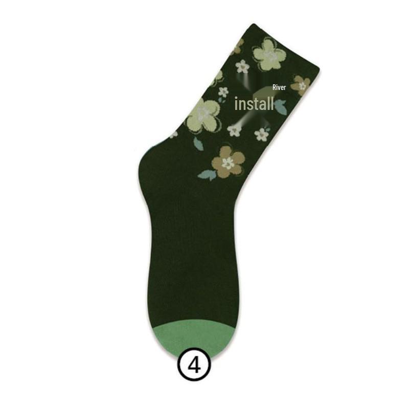 

Осенние корейские женские хлопковые носки до середины икры с цветочным принтом One Size зелёный
