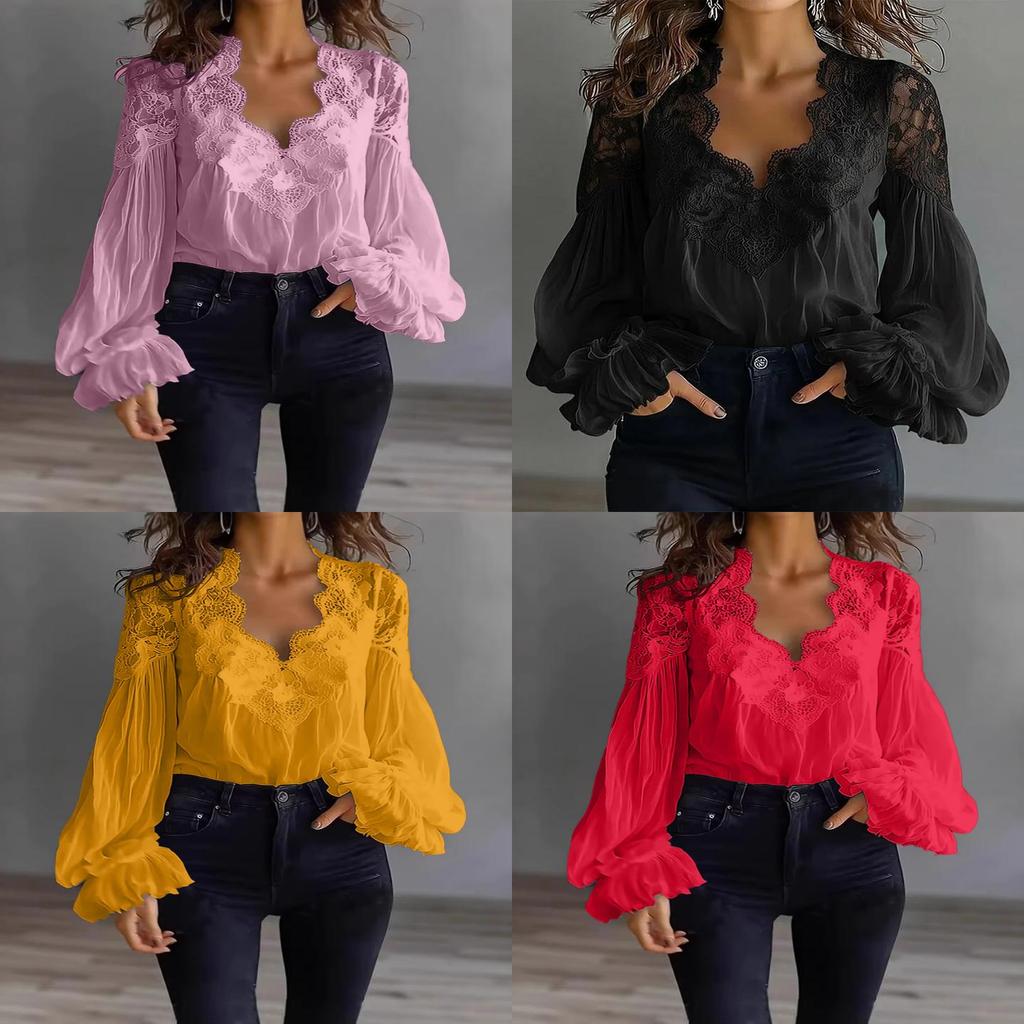 Elegante Spitzen-Patch-Bluse mit Puffärmeln und Falten-Design für Büro und Freizeit