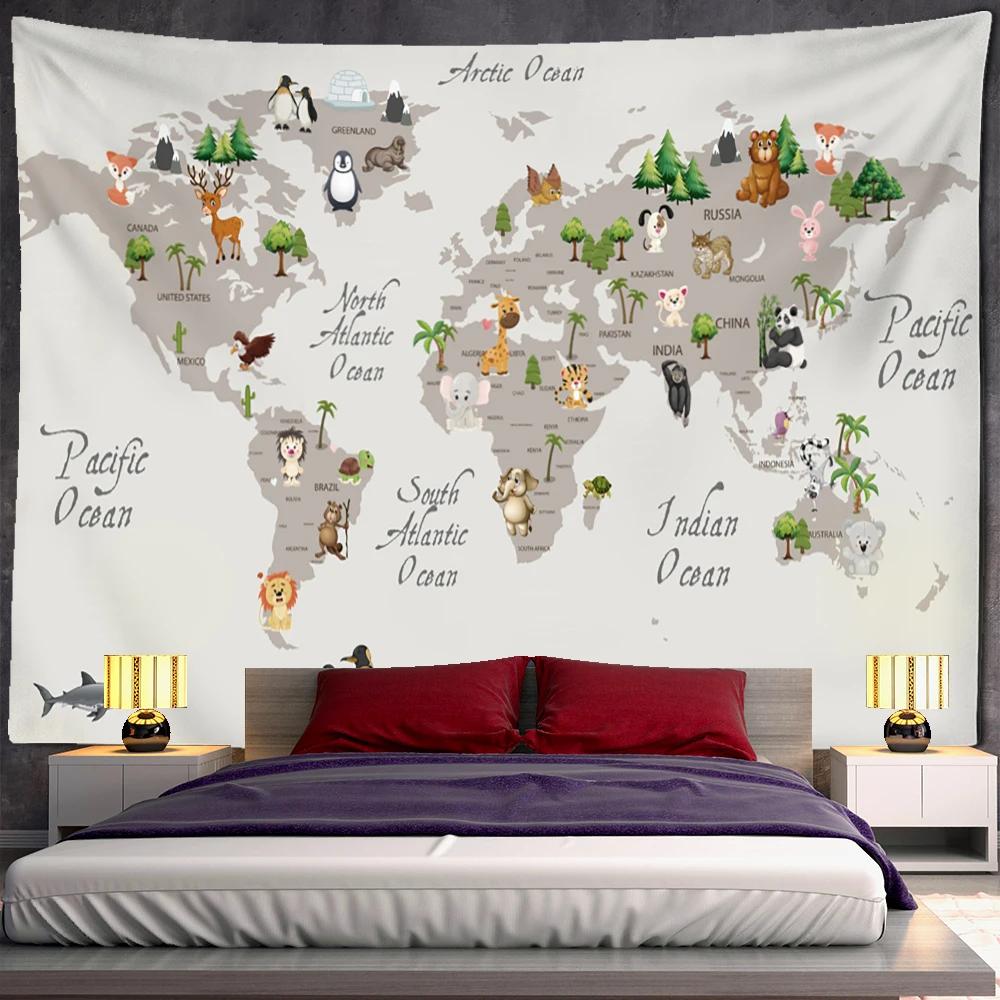 Cartoon Animals Distribution Map Tapestry Wall Hanging Simple Style Cute Hippie Children Kawaii Room Home Decor