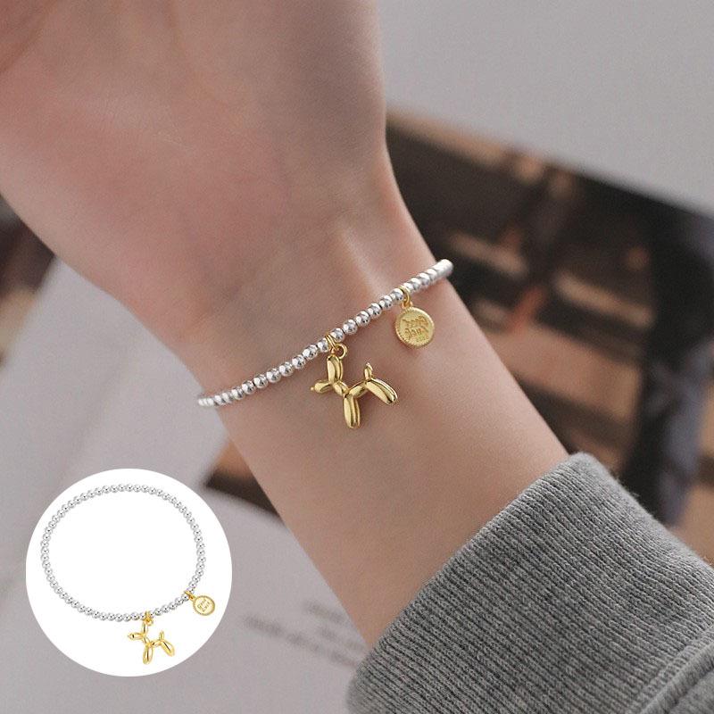 Korean Style S925 Silver Plated Rainbow Bead Heart Bear Bracelet - Women's Fashion Jewelry