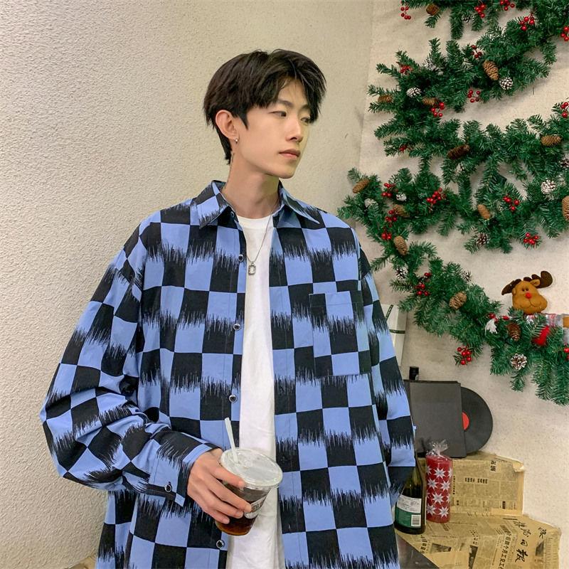 Checkerboard Shirt Men's Long-sleeved Trendy Handsome Large Size Shirt Versatile Casual Jacket