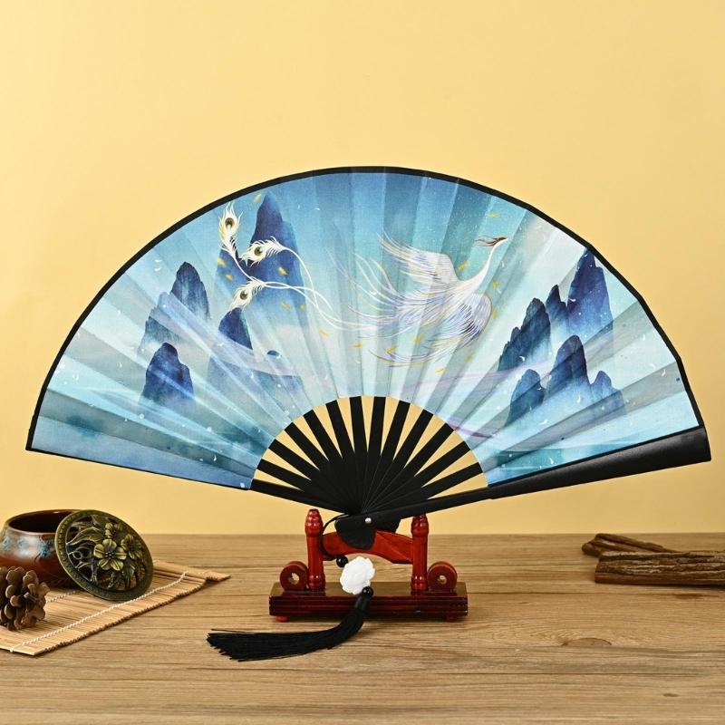 Chinese Double Sided Painting Folding Fan Vintage Handhelds Fan with Tassels Plastic Foldable Hand Fan for Parties