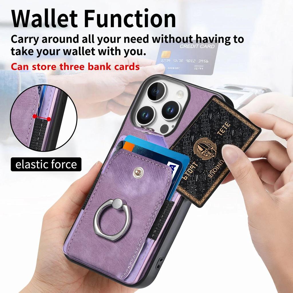 Ring Wallet with Card Holder Kickstand Leather Case For iPhone 16 15 Pro Max Plus SE 2025 Cover