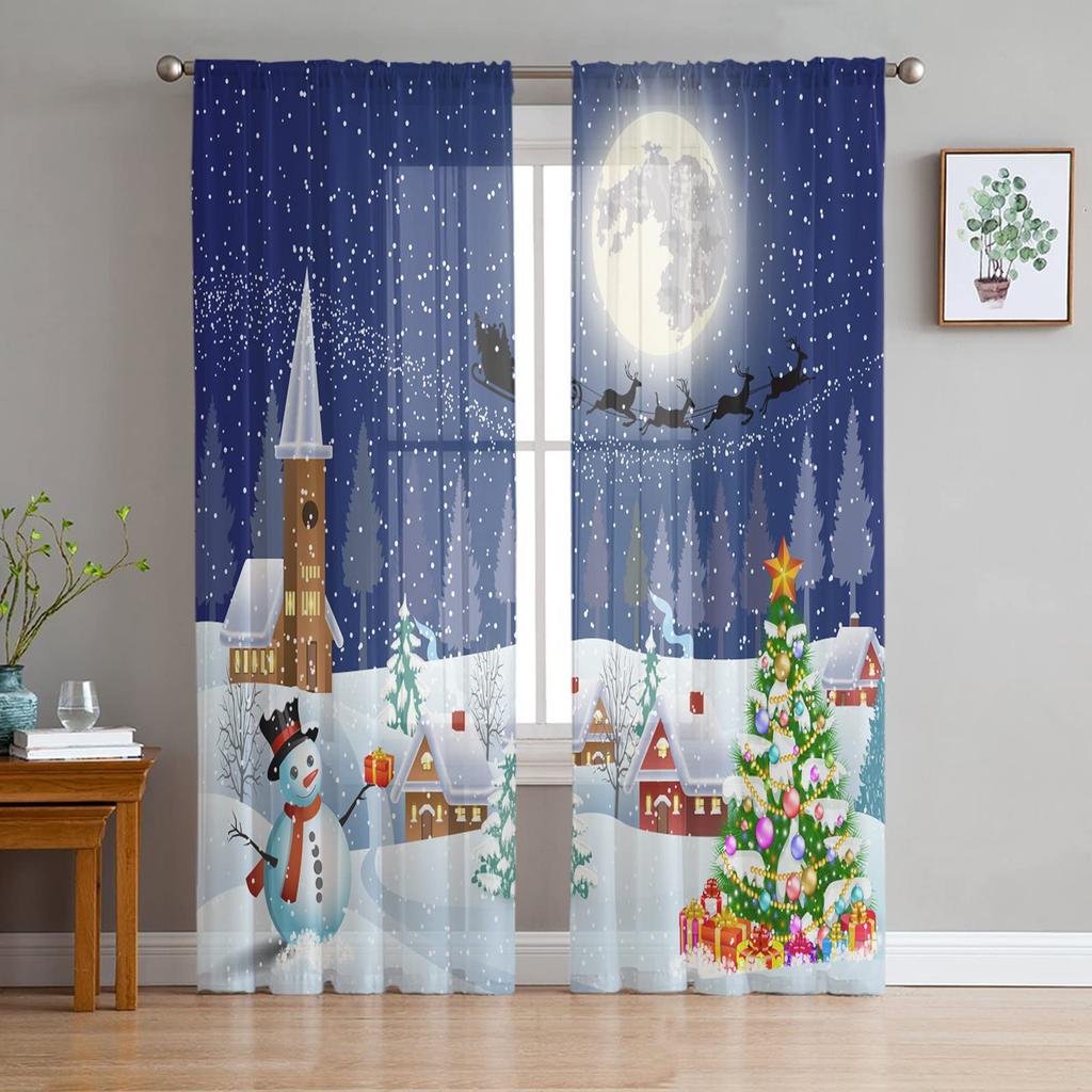 Christmas Curtain Bedroom Living Room Cafe Xmas Santa Claus Chiffon Voile Window Drapes Treatments Light Filtering Polyester Ideal For Great