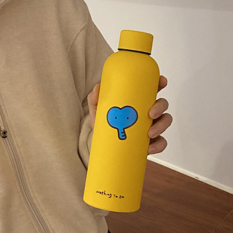 Niche Yellow Love Elephant Thermos Cup, Large-Capacity Textured Stainless Steel Water Cup, Cute Accompanying Cup 500Ml