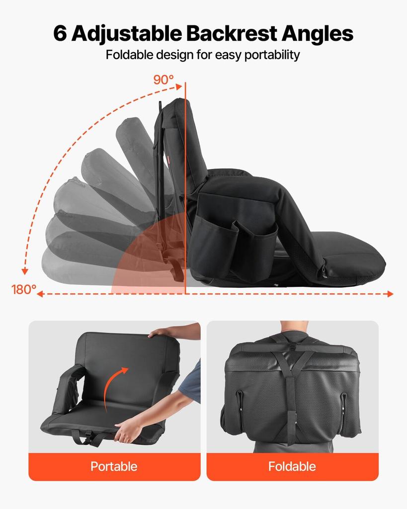 Stadium Seat, 6 Adjustable Angle Bleacher Chair, 73.66mm Cushion Stadium Seat with Back Support and Armrest, Wide Bleacher Chair with Hook Pocket