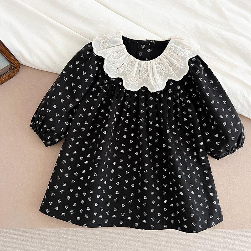 Girls' Dress Retro Style Floral Long Sleeved Dress Autumn New Item Children's Jacquard Lapel Pure Cotton Princess Dress