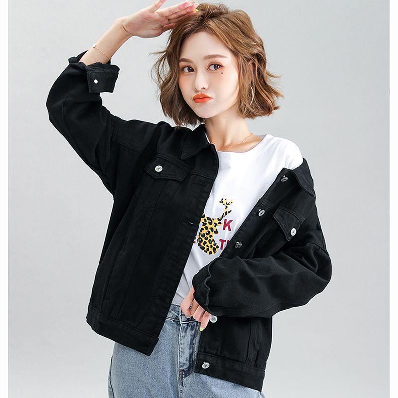 

Autumn New Fashion Lapel Single Breasted Loose Drop Shoulder Long sleeve Casual Denim coat Jacket BF Boyfriend Style Women Black L