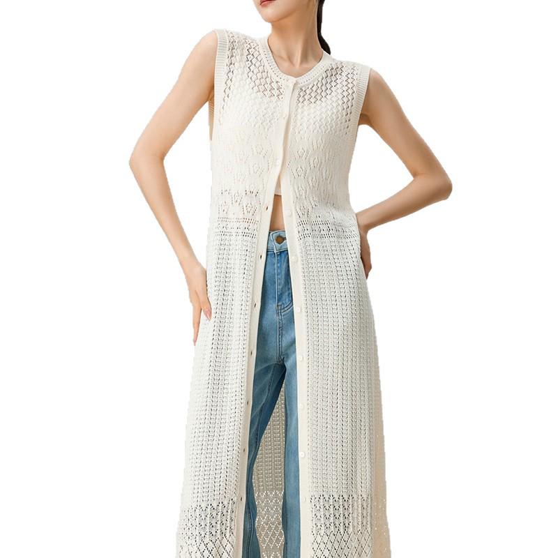 French White Sleeveless Summer Knit Cardigan & Sunscreen Cover-Up Dress