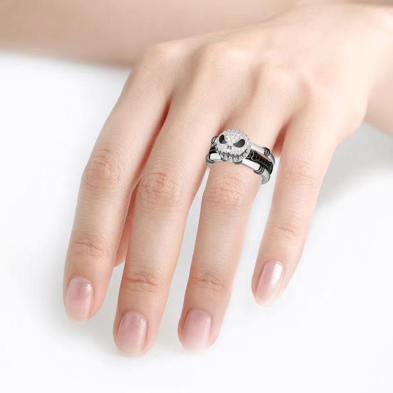 Luxurious Black & White Skull Ring Set for Women - Full Diamond Smile Design