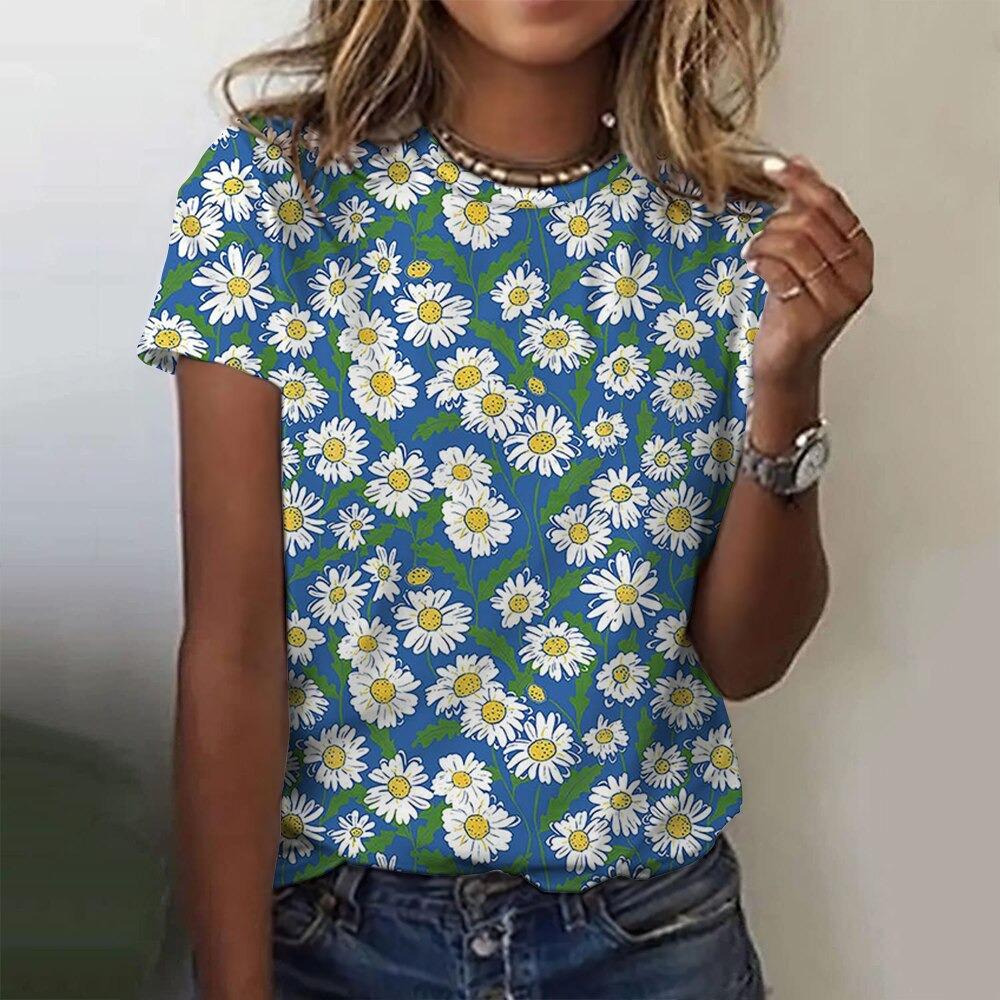 Camiseta de moda para mujer, ropa Harajuku con estampado floral, cuello redondo, jersey con estampado 3D, camisetas de manga corta, ropa urbana holgada de verano