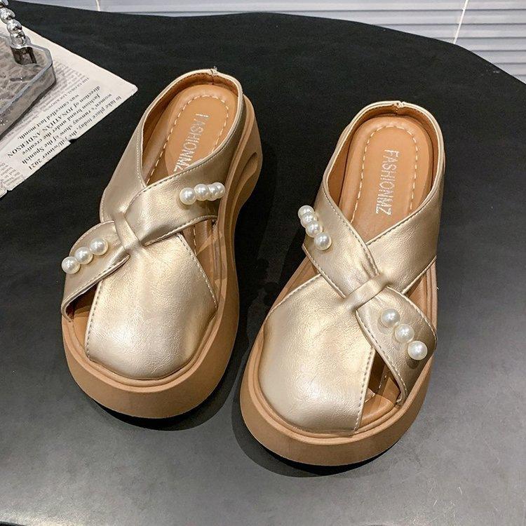 Baotou Half Slippers Women's 2025 New Summer Pearl Fashion Thick Bottom Heightening Design Sense One Pedal Lazy Half Tray
