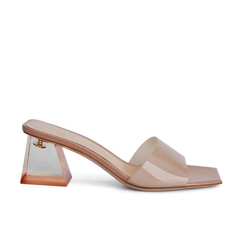 Sheepskin~ Square Head Rhinestone Transparent Slippers Women's Summer Wear Pvc Crystal Thick Heels Cool Slippers High Heels