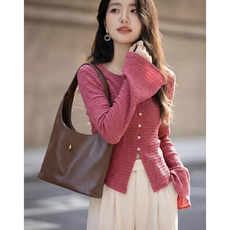 Elegant V-Neck Pleated Slim-Fit Long Sleeve T-Shirt