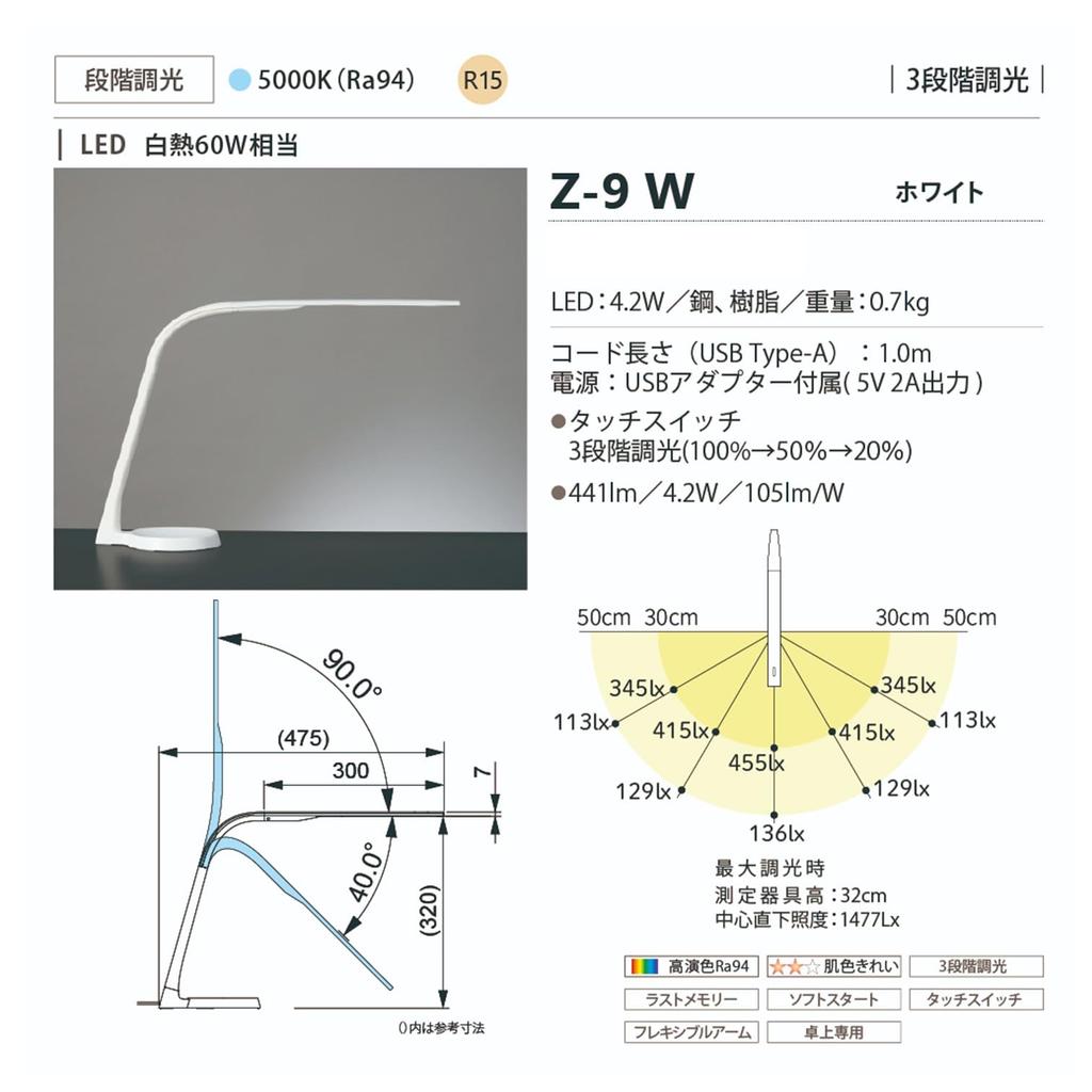 Yamada Lighting Z-Light LED Desk Lamp, High Color Rendering Ra94, Beautiful Skin Tones, White, Z-9W