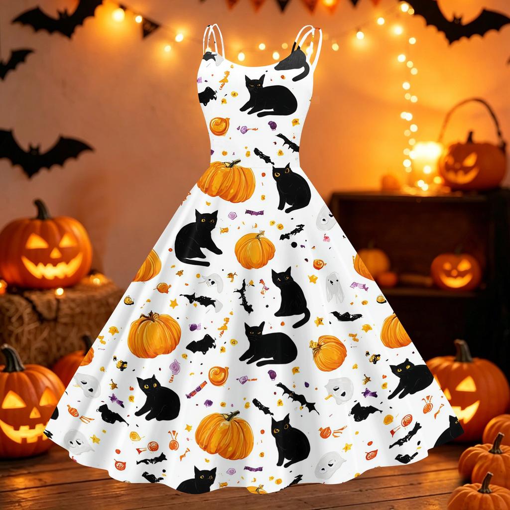 Women Off Shoulder Halloween Print Flared Vintage Dress with Spaghetti Straps and for Party or Casual Wear