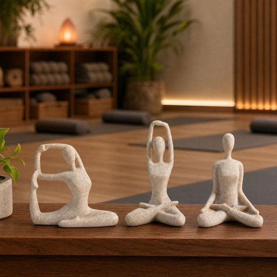 DYS 3Pcs Abstract Yoga Figure Sculpture Set, Hollow Dancer with Glossy Gold Matte Silver Black Nude Finish, Modern Desktop Decor for Bedroom