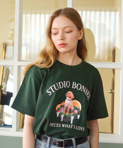 BONIEE Retro Retriever Collage Loose T-Shirt Green Forest