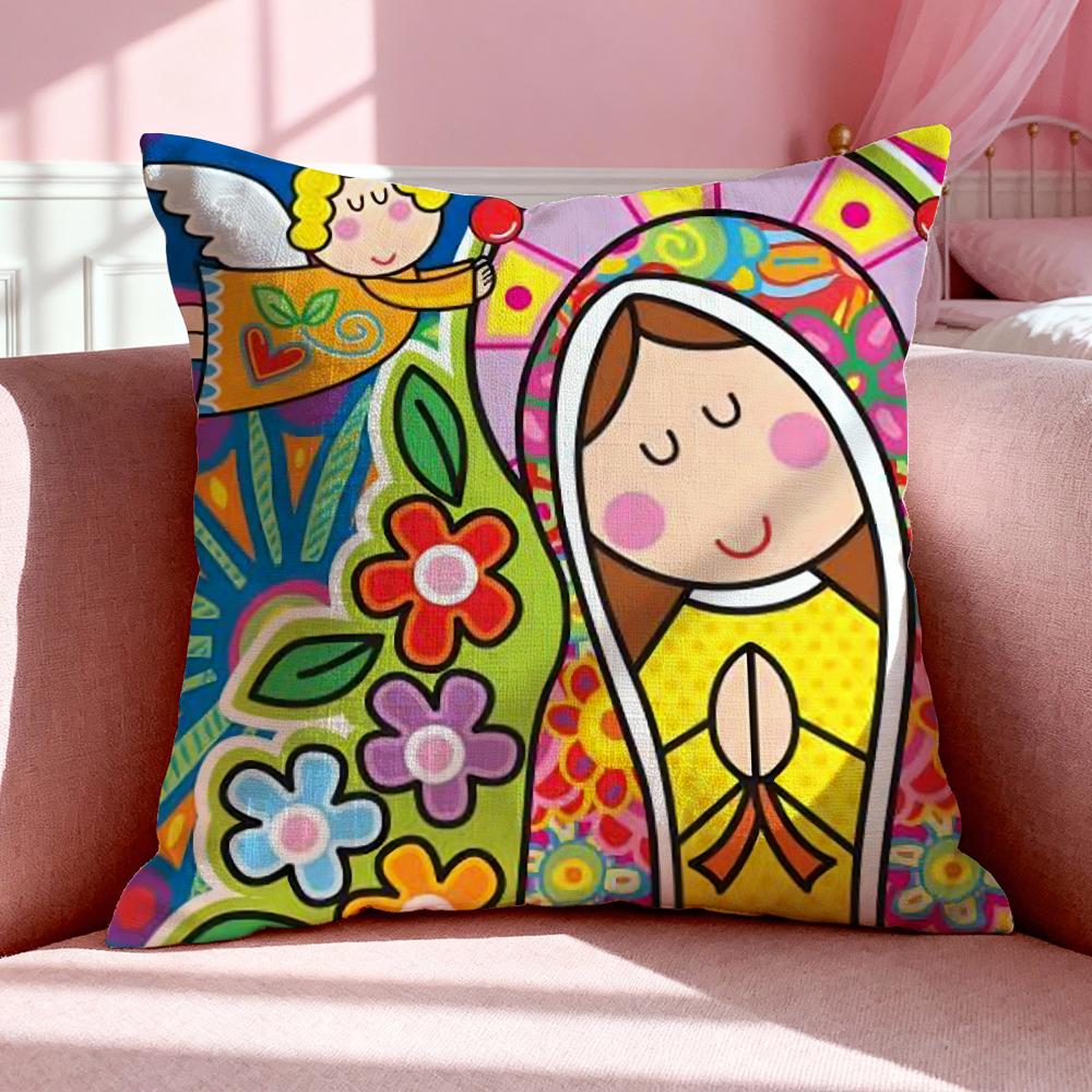 Figure V-Virgin Mary Cushion Cover Breathable Linen Pillowcase Summer Odorless Eco-Friendly Invisible Zipper Washable