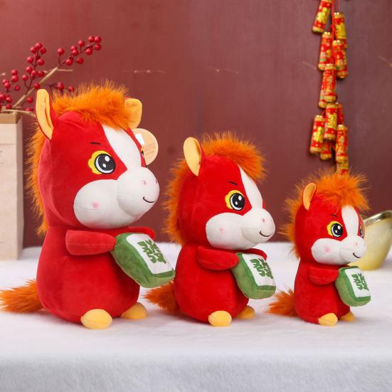 Cute Red Horse Plush Doll Horse Holding Mahjong Ornament Soft Desktop Zodiac Mascot Wealth Attracting Year of Horse Gifts