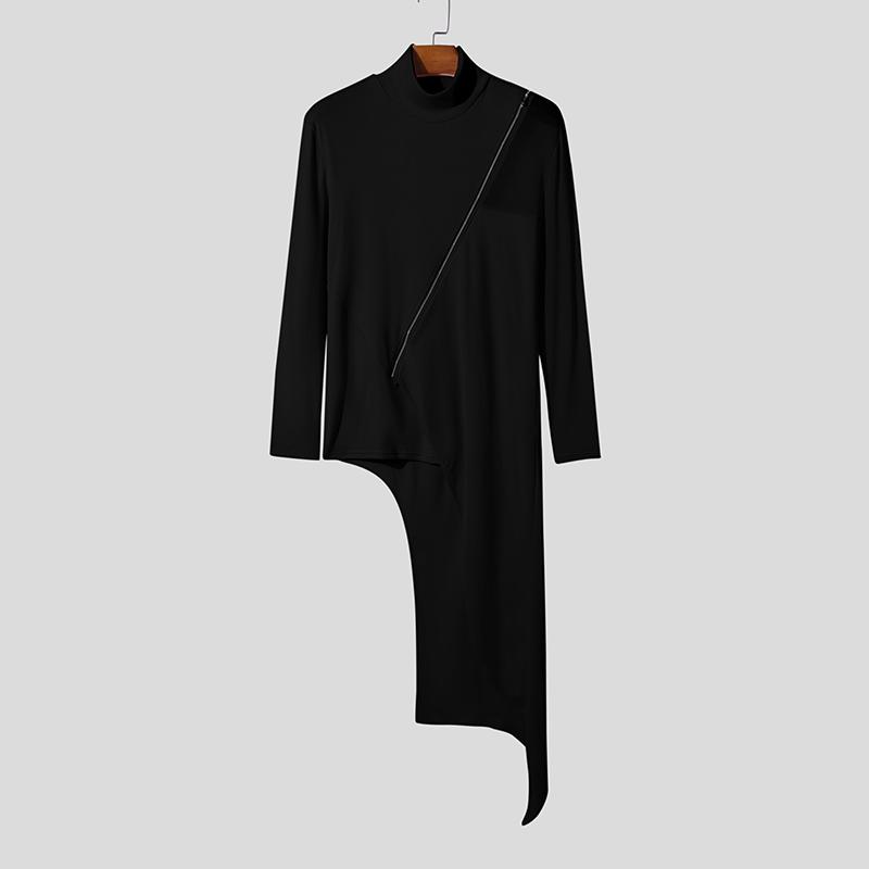 

INCERUN Autumn Men Turtleneck Long Sleeve Mesh Patchwork Tops Long Tunic T-shirts S чёрный