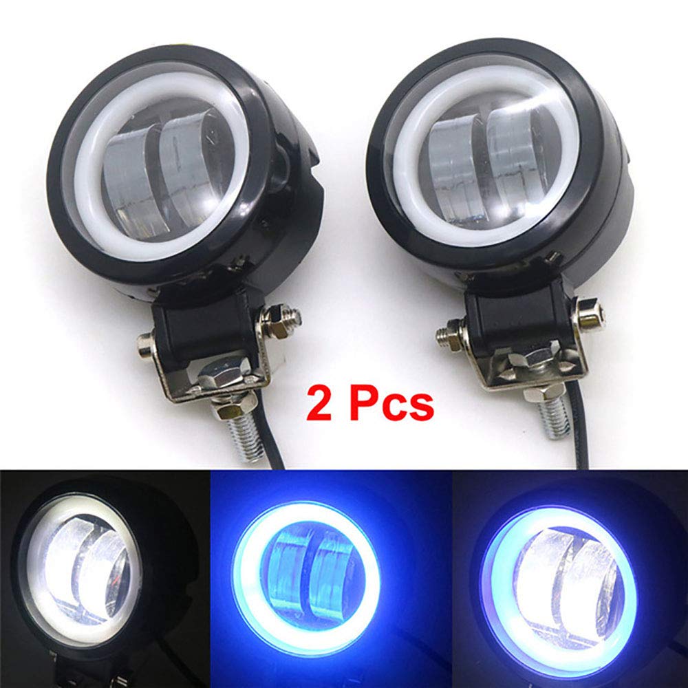 ONGMEIL Motorcycle LED Spot Fog Lights with Angel Eyes for Harley Honda Suzuki Kawasaki Custom (Two White Lights with Blue Circle)