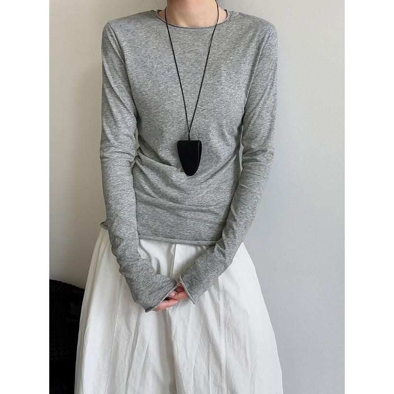 Luxi Korean Style Versatile Rolled Edge Round Neck Bottoming Shirt for Women Autumn New Long-sleeved Inner Slim Fit Top