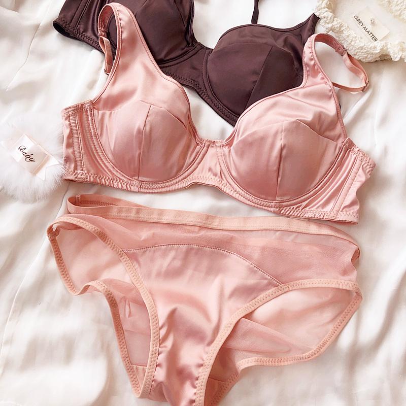 Conjunto de sujetador push up de seda de hielo para mujer, ropa interior cómoda y sexy con pechos pequeños, relleno desmontable, copa fina, sujetador, bragas íntimas