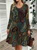 Spring Autumn Women Dress Casual Long Sleeve O-neck 3D Print Loose A-Line Dress Oversized Home Wear Robe