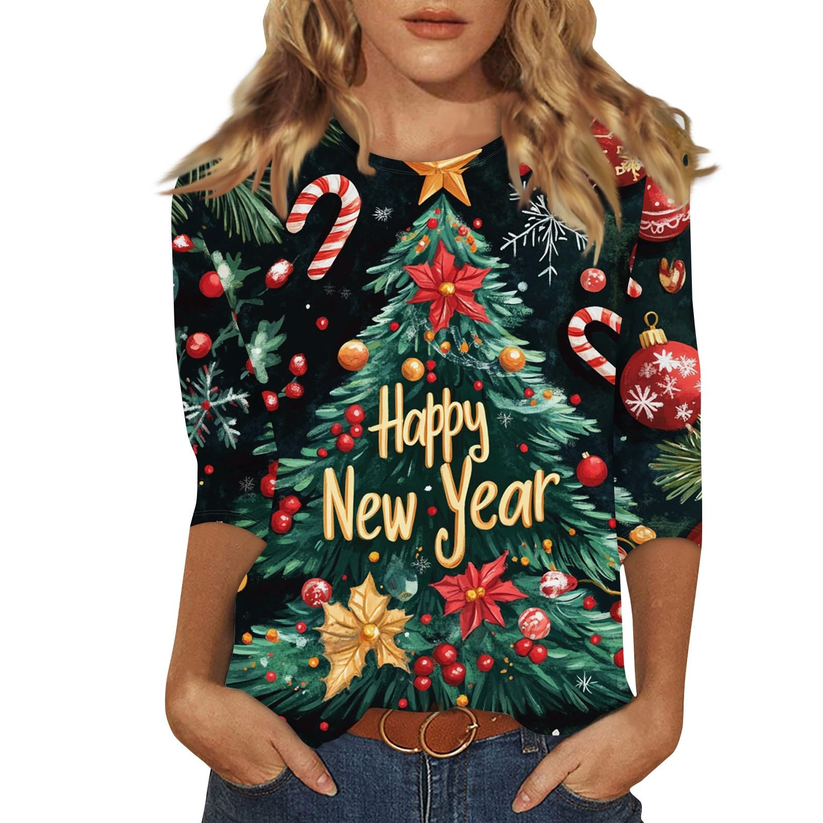 

3D Рождество Рождественские Элементы Принт Круглый Вырез Длинный Рукав Футболка Повседневный Топ с Длинным Рукавом Вечеринка Свободный Женский Топ XXL