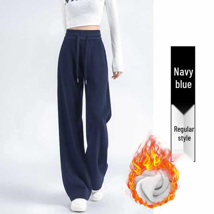 

Women s Dark Blue High-Waisted Sporty Wide-Leg Sweatpants: Winter, Spring, Autumn Slimming Straight-Leg Banana Style Pants. L