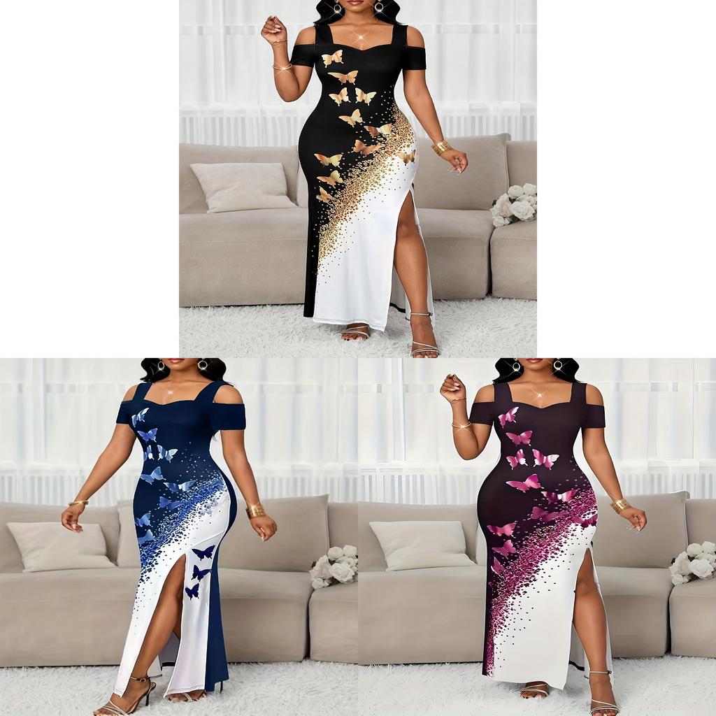 Elegantes Slip-Kleid mit Schmetterlingsdruck und Schlitz für Urlaub und Strandmode