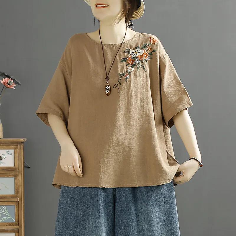 Women's Retro Embroidered Cotton-Linen Short Sleeve Top