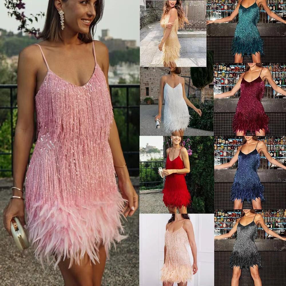 2026 Multicolor Sequin Tassel V-Neck Spaghetti Strap Feather Party Dress