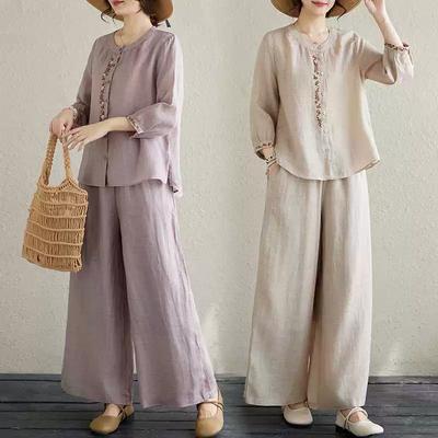 Damen Sommer Chinesischer Stil Stickerei Freizeitanzug Loses Hemd + Freizeithose Zweiteiliges Set