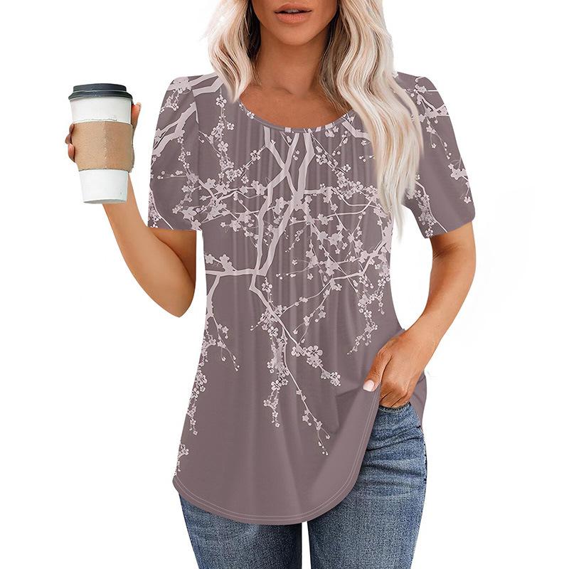 Neues plissee-Rundhals-Kurzarm-T-Shirt Damen-Oberteil Damenbekleidung