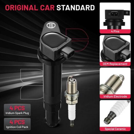 4Pack Ignition Coils & Iridium Spark Plugs For 2006-2011 Hyundai Accent Kia Rio5