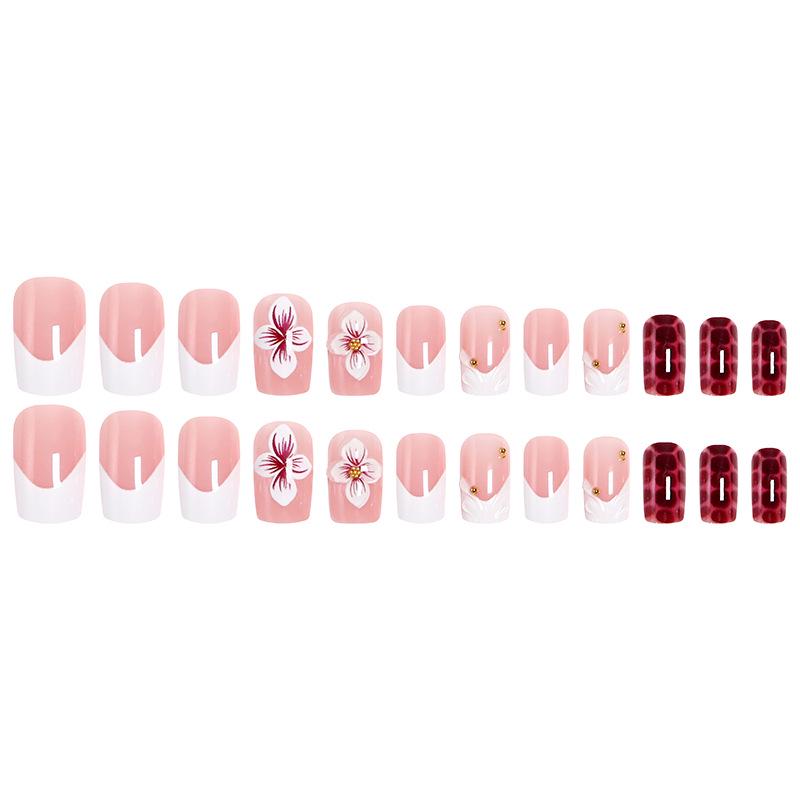Set of 24 Short 3D Floral French Fake Nails
