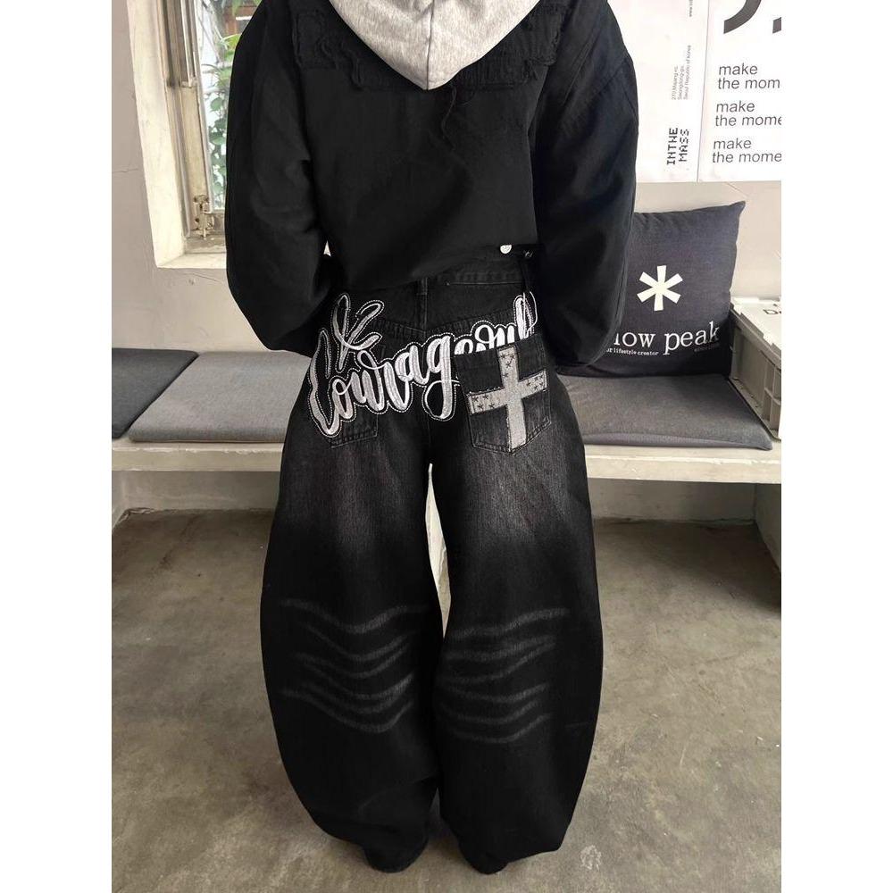 

RogueWave Y2k Винтажные Джинсы с Вышивкой Черными Буквами, Вываренные, Харадзюку, Широкие Штанины, Американский Ретро, Сабля, Деним, Мешковатые, Повседневные XL чёрный