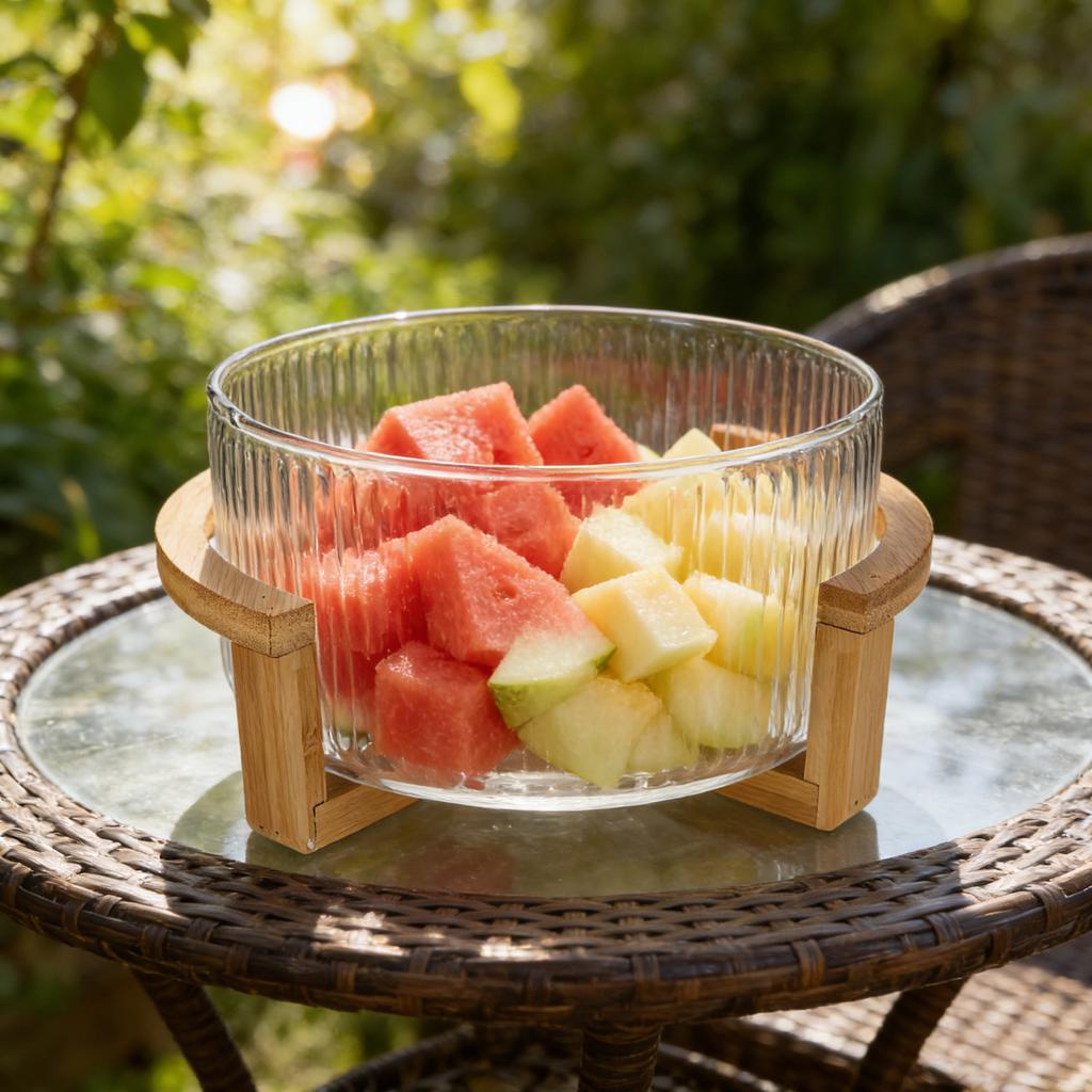 Glass Salad Bowl 1.8L Clear Vertical Striped Fruit Plate Decorative Serving Bowl for Kitchen Counter Fruit Dessert Snack