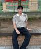 POLYGRAM Multi-Stripe Textured Collared Short Sleeve Knit - Cream