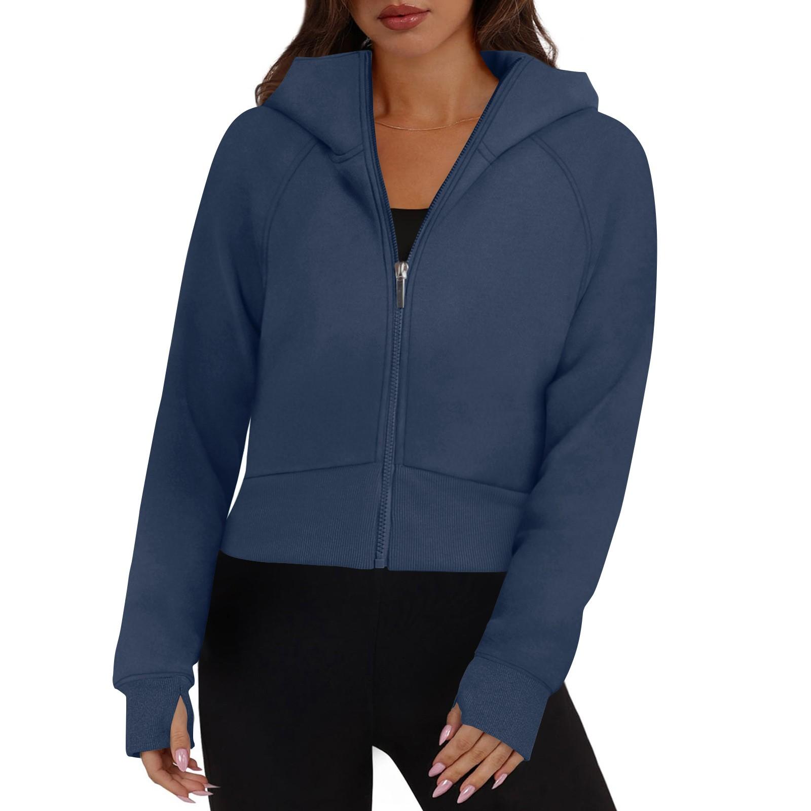 

Женская модная повседневная однотонная толстовка с капюшоном и молнией, с длинными рукавами S тёмно-синий