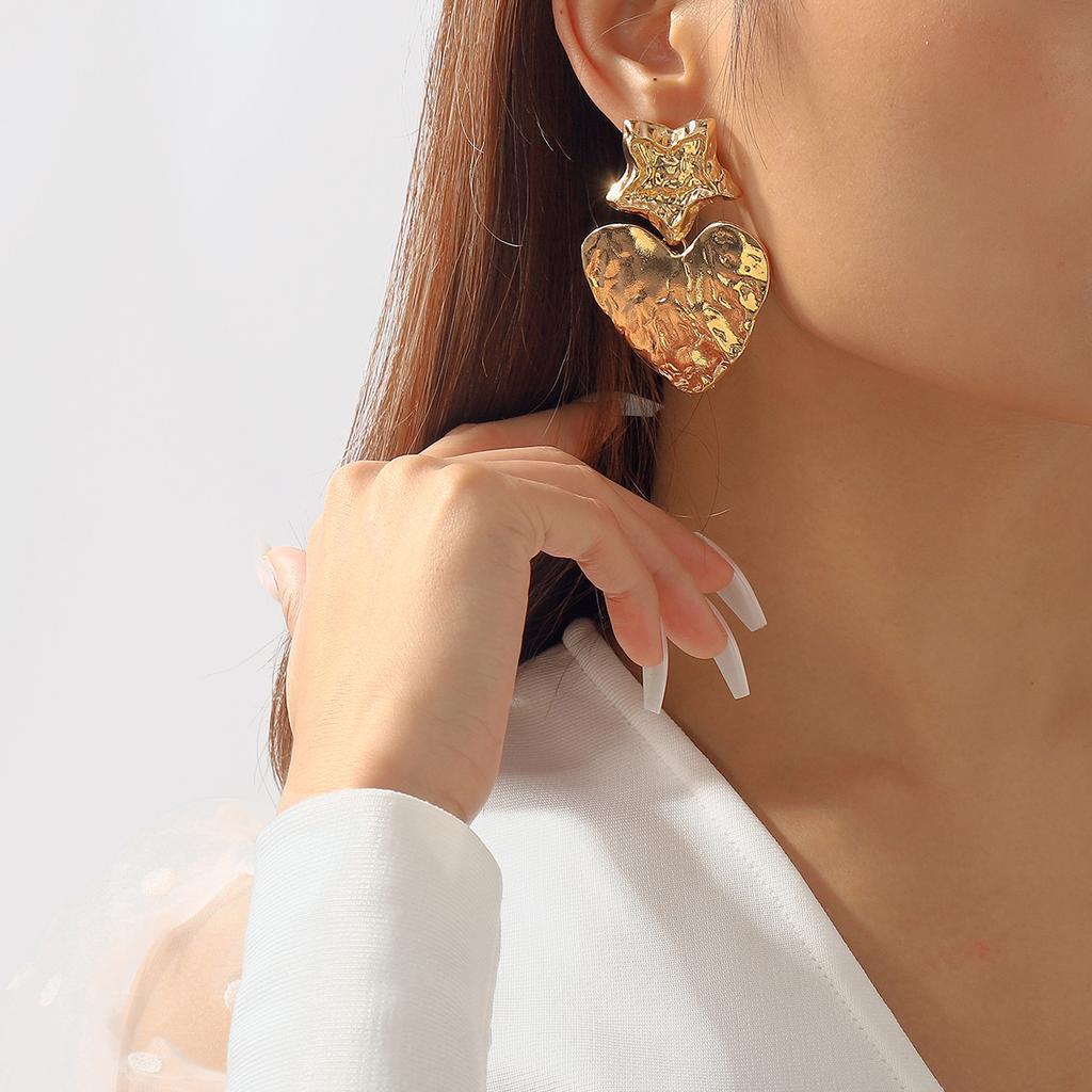 Women Fashion European American Retro Heart Dangle Earrings Star Irregular Tin Foil Surface Creative Punk Elegant Ear Jewelry