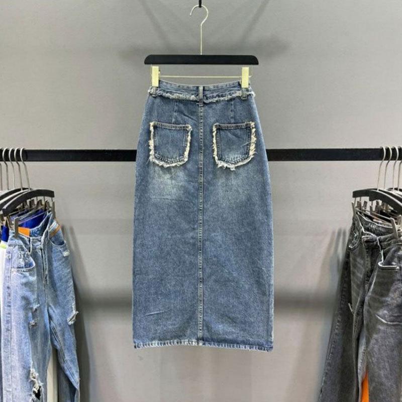 Trendy Spicy Girl Slit Denim Midi Skirt - Women’s High Waist Irregular A-Line Frayed Design