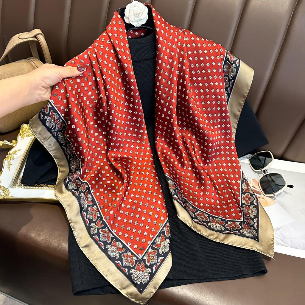 Women's Retro Fashion Mulberry Silk Feel Square Scarf - Summer Faux Satin, Sun Protection, 90cm