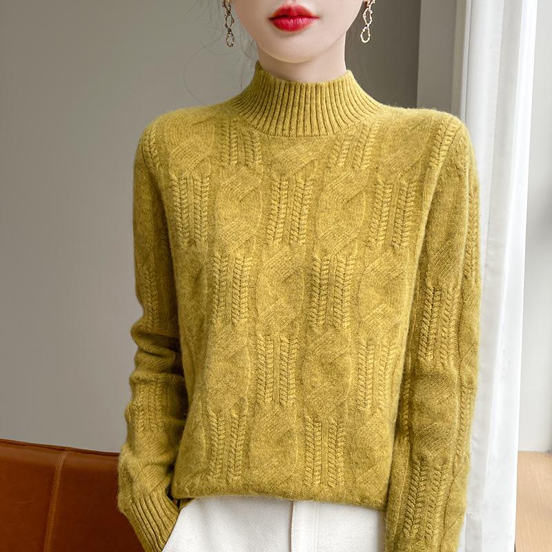 Autumn and Winter Thickened Hemp Cardigan Sweater for Women Trendy Versatile Half Turtleneck Cashmere Knitted Base Sweater