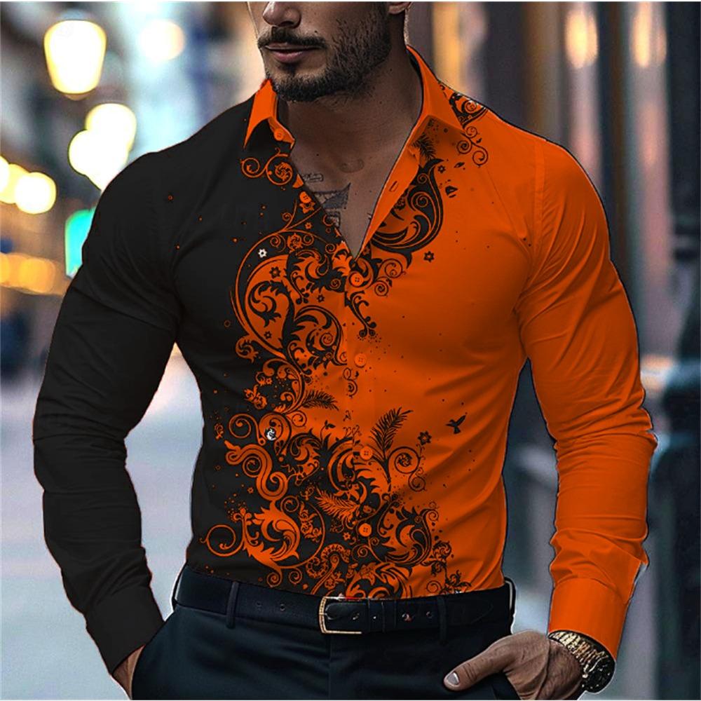 2024 New Men's Casual Street Print Pattern Shirt Fashion Casual Spring and Autumn Splicing Long Sleeved Lapel Shirt Tops