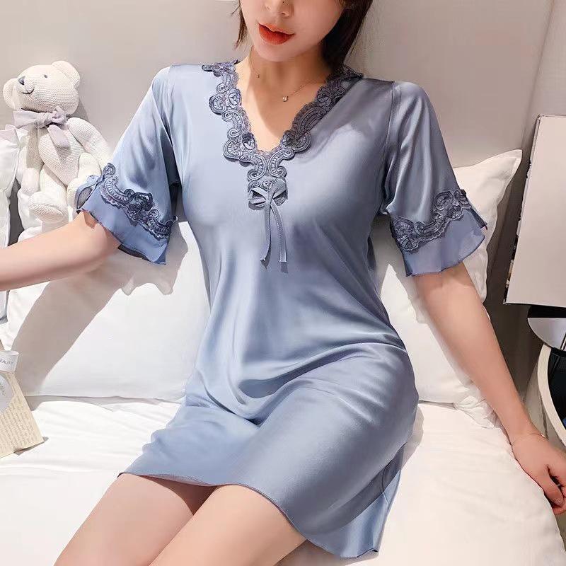 Women's Ice Silk Thin Short Sleeved Nightdress  Imitation Silk Sexy Home Clothes