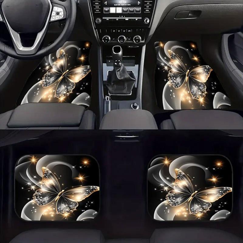 4pcs Set Elegant Butterfly Car Floor Mats with Anti-Slip Design, Soft Velvet-Like Texture (Durable Fabric) - Golden & Black Luxury Pattern